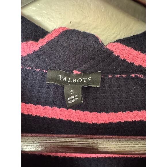 Talbots Navy Blue and Pink Stiped Waffle Knit Thermal Cowl Neck Shirt Size Small - Picture 2 of 5